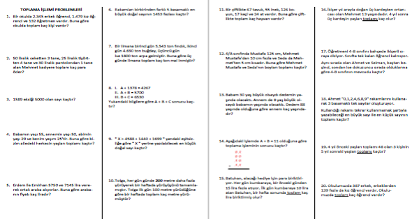 4. Sınıf Matematik Toplama İşlemi Problemleri