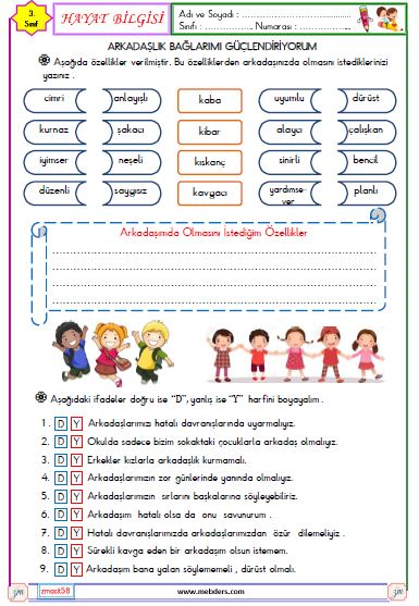 3. Sınıf Hayat Bilgisi Arkadaşlık Bağlarımı Güçlendiriyorum Etkinliği