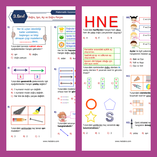 3. Sınıf Matematik Doğru Işın Açı ve Doğru Parçası Kazanım Testi