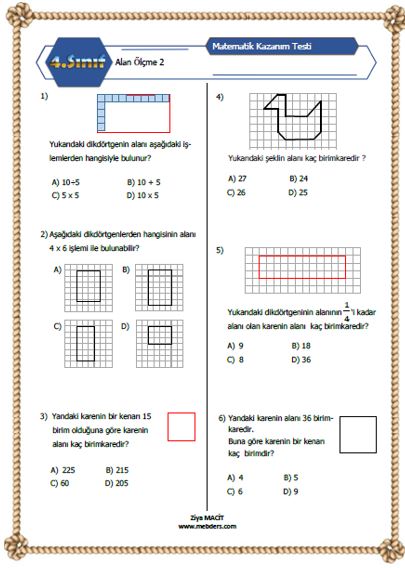 4. Sınıf Matematik Alan Ölçme Kazanım Testi 2