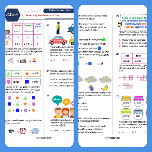 3. Sınıf Türkçe 2. Dönem Başı Hazırbulunuşluk Testi