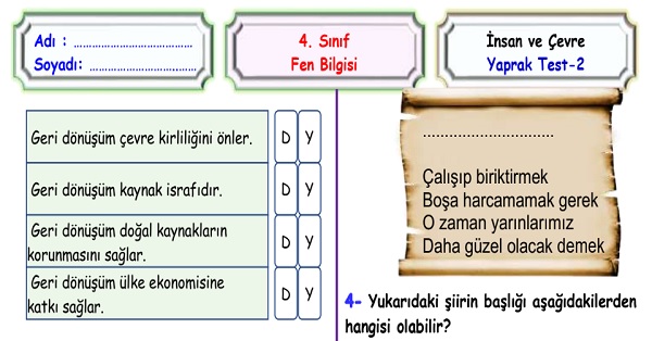 4.Fen Bilimleri İnsan ve Çevre Ünitesi Yaprak Test 2