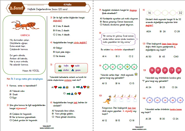 2.Sınıf Haftalık Değerlendirme Testi-4.Hafta(27 Eylül-1 Ekim)