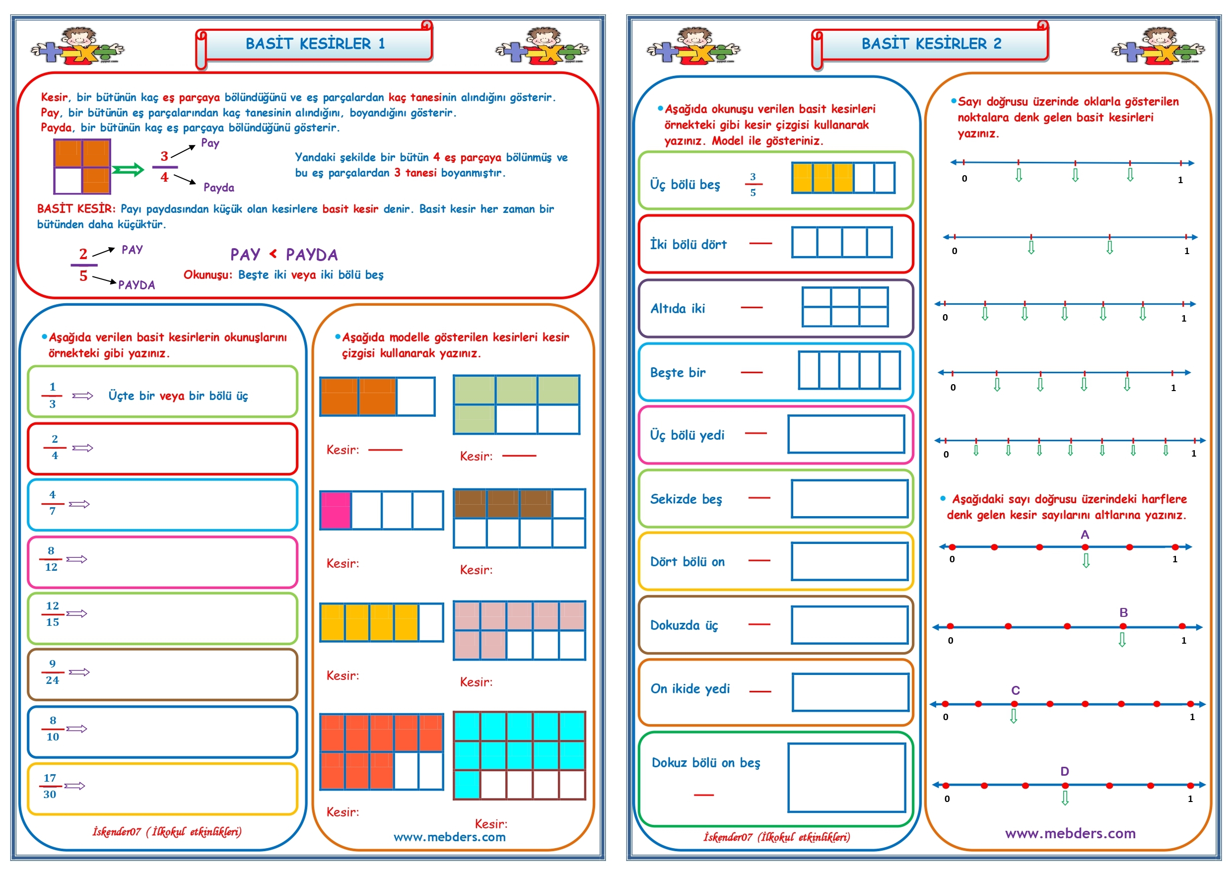 4.Sınıf Matematik Basit Kesirler 1-2   (2 Sayfa)