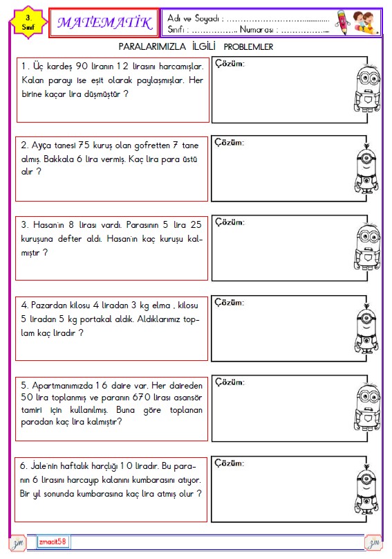 3. Sınıf Matematik Paralarımız ile İlgili Problemler Etkinliği 3