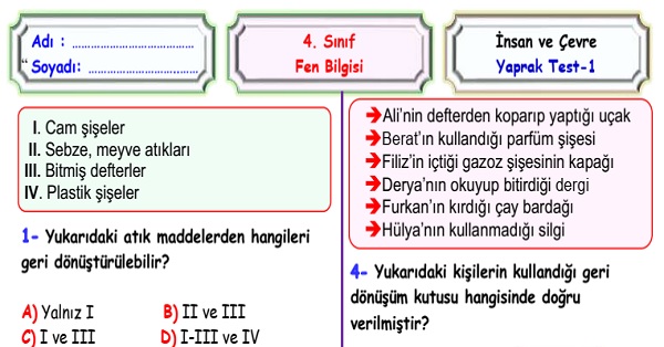 4.Fen Bilimleri İnsan ve Çevre Ünitesi Yaprak Test 1