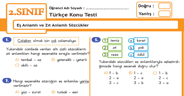 2.Sınıf Türkçe Eş Anlamlı ve Zıt Anlamlı Sözcükler Konu Tarama Testi