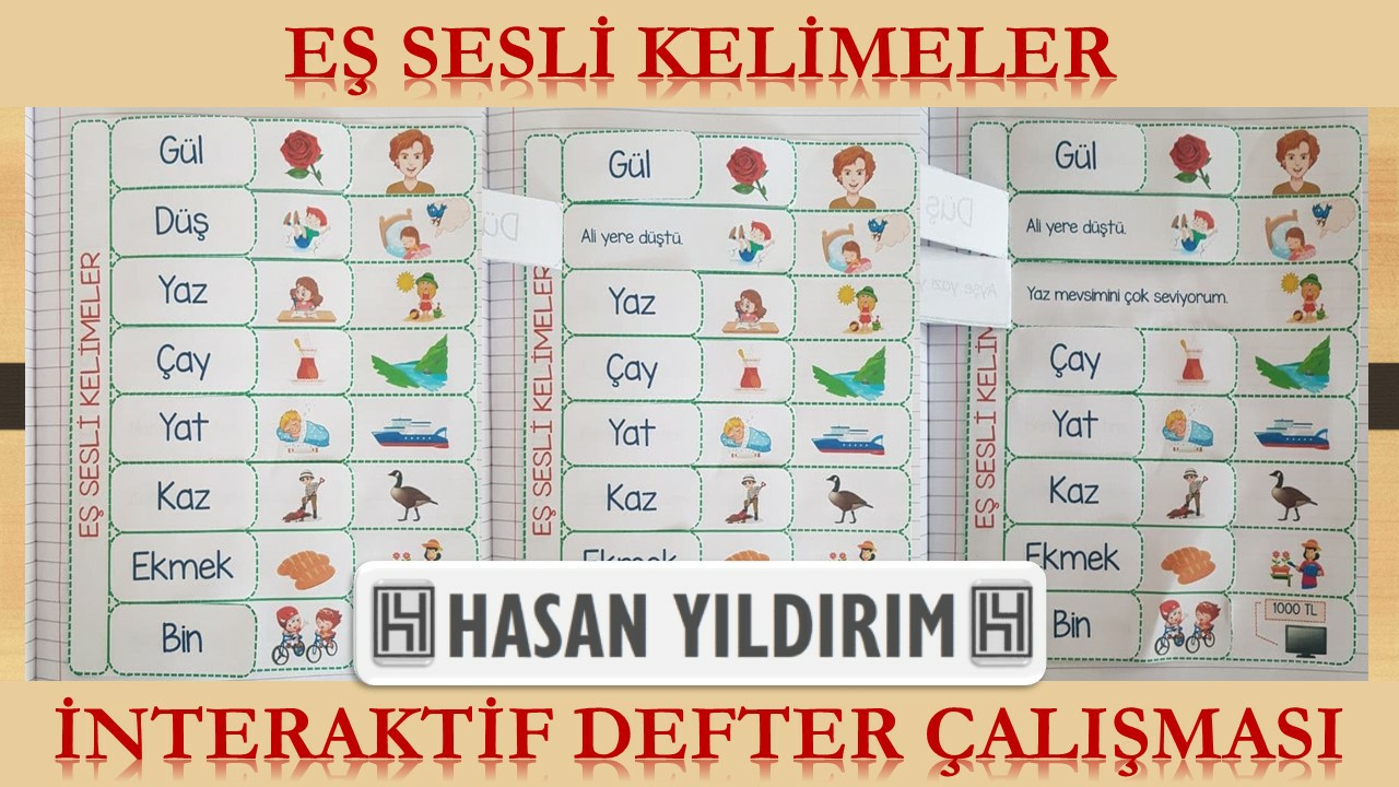 Eş Sesli Kelimeler İnteraktif Defter Çalışması (Resimli ve Örnek Cümleli)