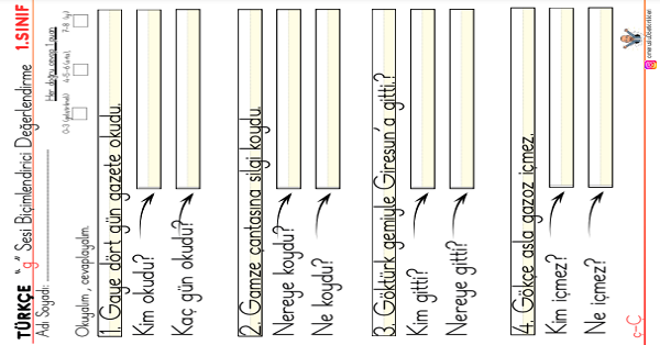 1. Sınıf İlk Okuma Yazma G-g Sesi 5N 1K Etkinliği