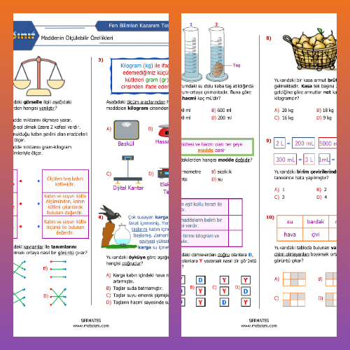 4. Sınıf Fen Bilimleri Maddenin Ölçülebilir Özellikleri Kazanım Testi