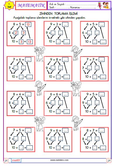 1. Sınıf Matematik Zihinden Toplama İşlemi Etkinliği 1