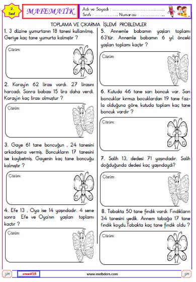 2. Sınıf Matematik Toplama ve Çıkarma İşlemi İle İlgili Problemler Etkinliği 5