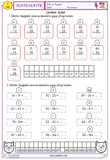 2. Sınıf Matematik Çıkarma İşlemi Etkinliği 1