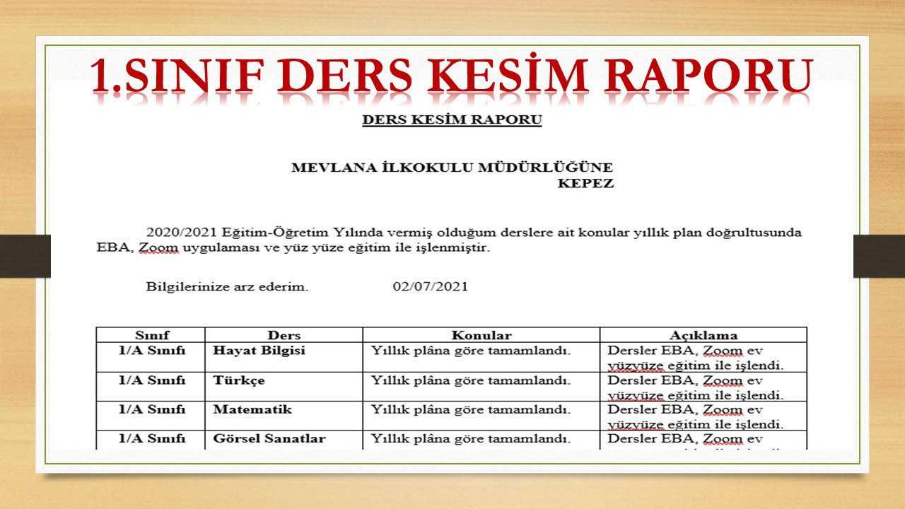 1.Sınıf Ders Kesim Raporu (2020-2021 Yılı Uzaktan ve Yüz Yüze Eğitime Uygun)