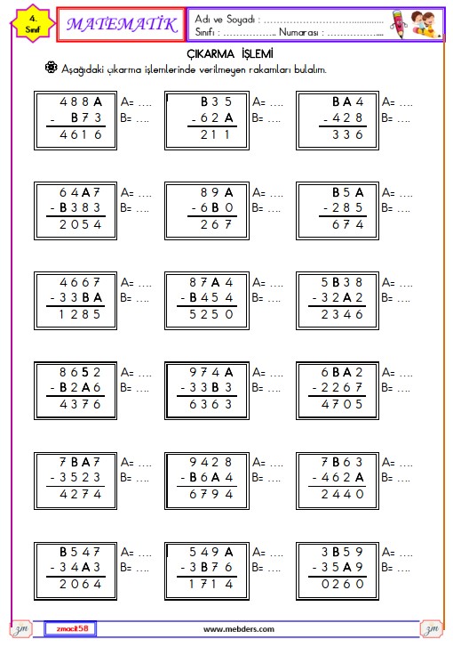 4. Sınıf Matematik Çıkarma İşlemi Etkinliği 2