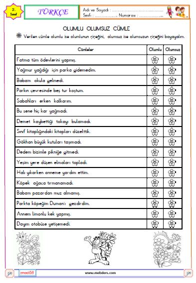 2. Sınıf Türkçe Olumlu ve Olumsuz Cümle Etkinliği