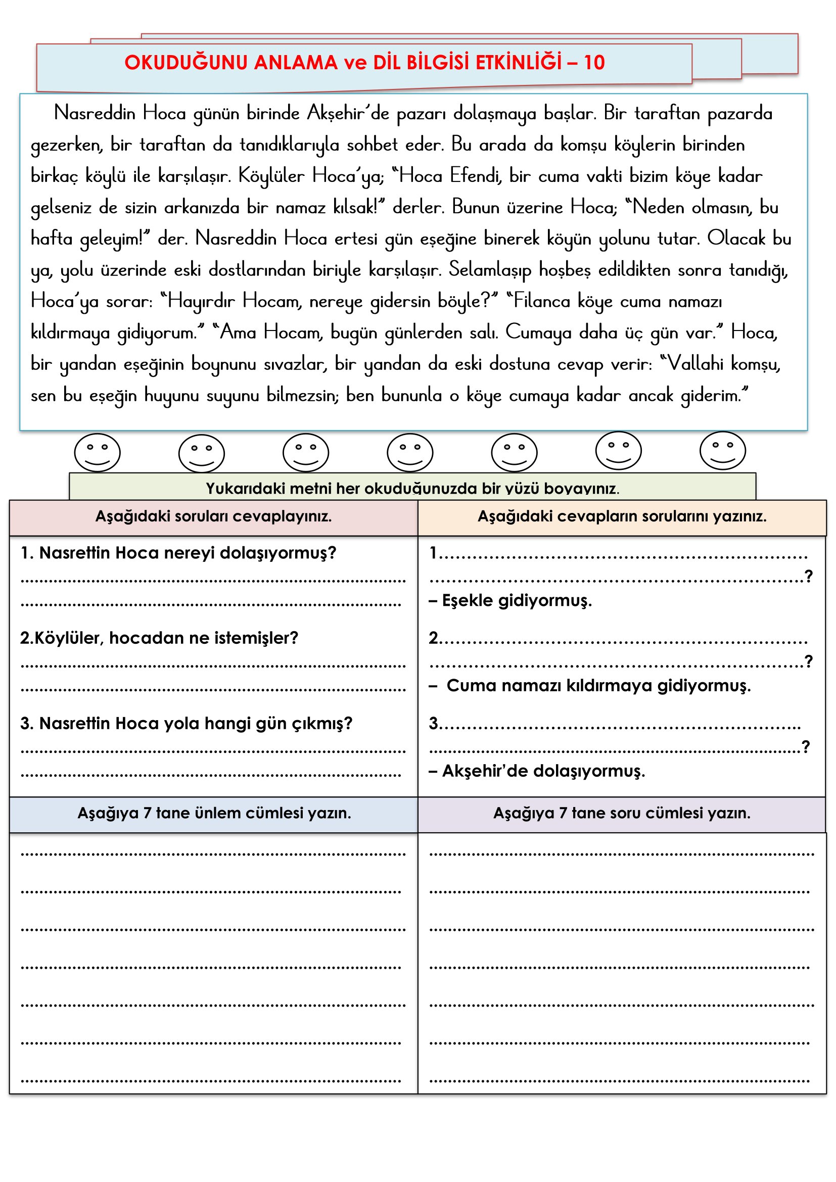 2.Sınıf - Türkçe Okuduğunu Anlama ve Dil Bilgisi Etkinliği-10