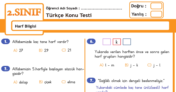 2.Sınıf Türkçe Harf Bilgisi Konu Tarama Testi