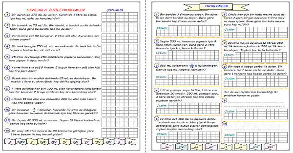 4. Sınıf Matematik Sıvı Ölçüleri İle İlgili Problemler Çözelim