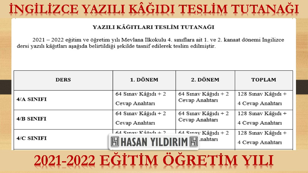 İngilizce Dersi Yazılı Kâğıdı Teslim Tutanağı