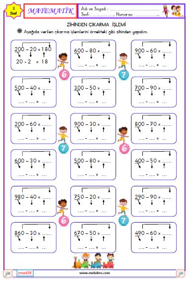 3. Sınıf Matematik Zihinden Çıkarma İşlemi Etkinliği 2