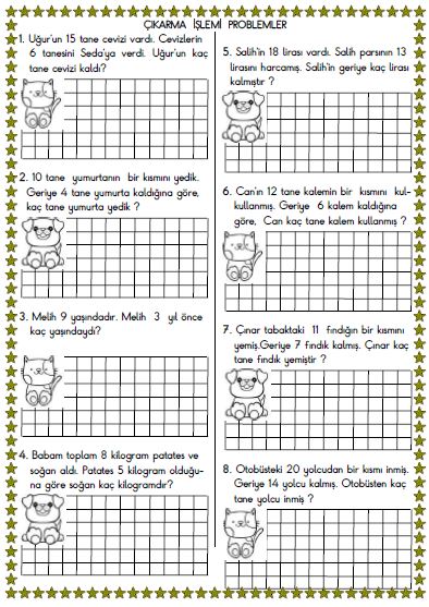 1. Sınıf Matematik Çıkarma İşlemi Problemleri Etkinliği 3