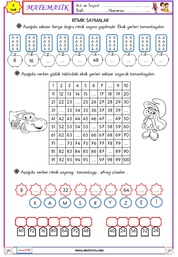 3. Sınıf Matematik Ritmik Saymalar Etkinliği (Sekizer)