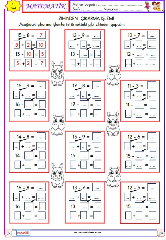 1. Sınıf Matematik Zihinden Çıkarma İşlemi Etkinliği 5