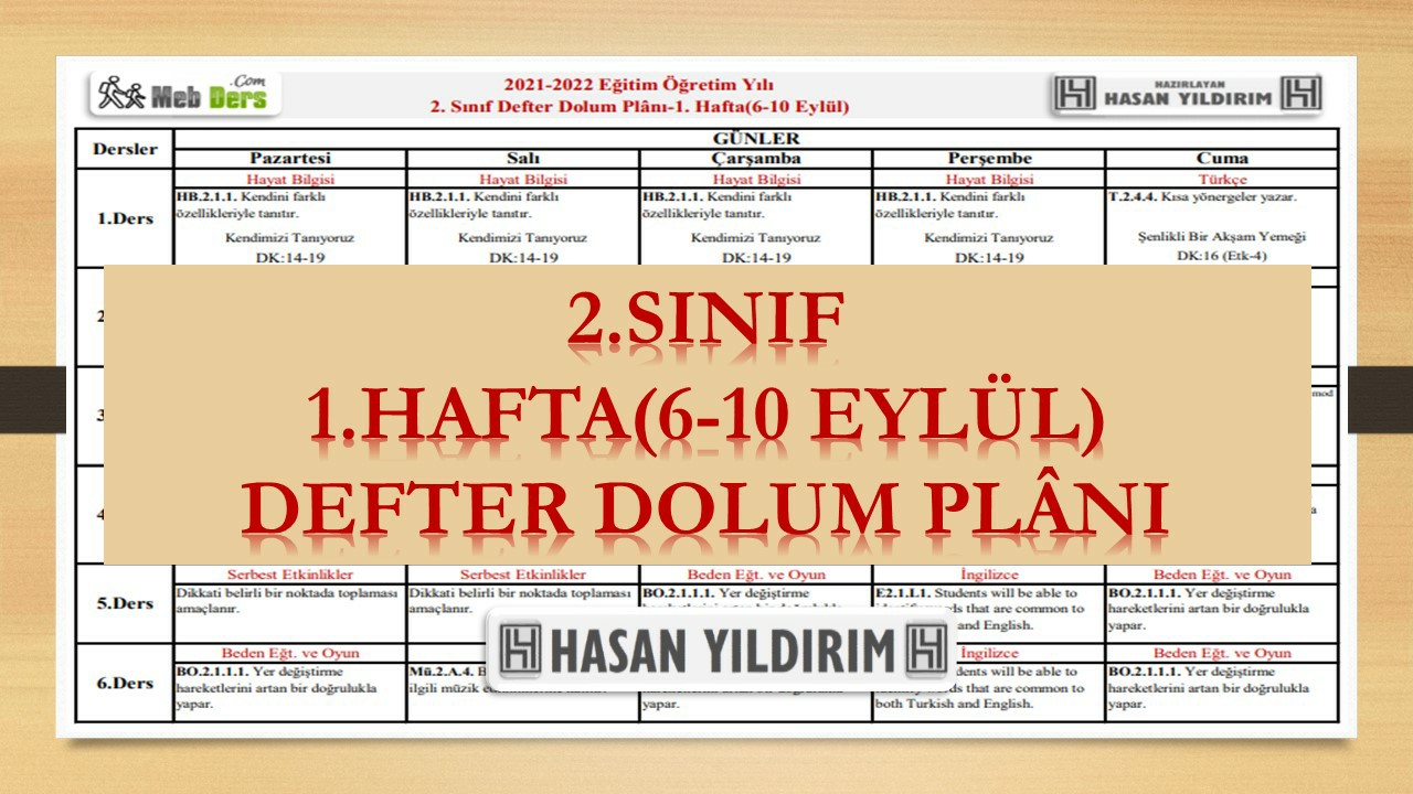 2.Sınıf 1.Hafta(6-10 Eylül) Defter Dolum Planı