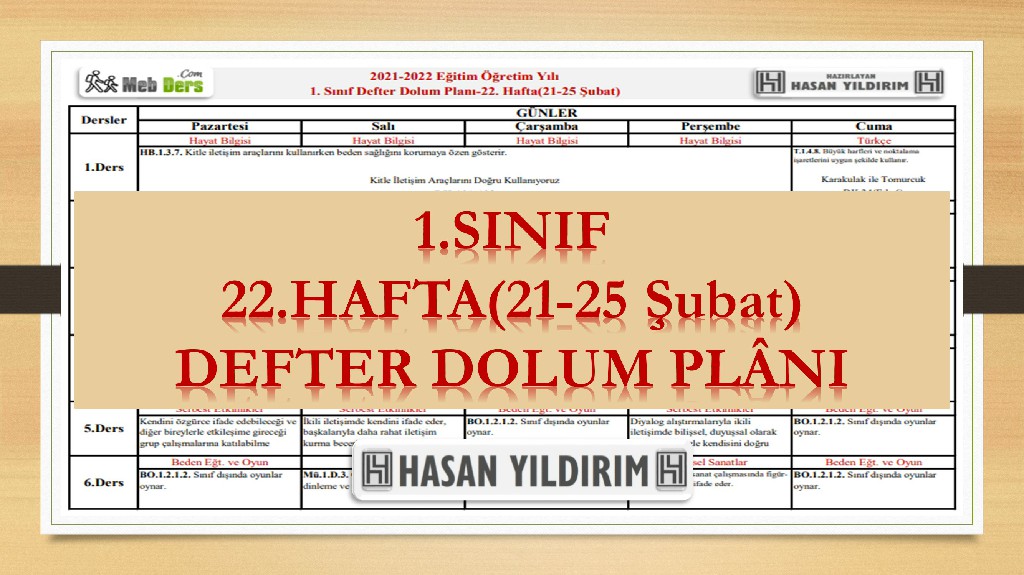 1.Sınıf 22.Hafta(21-25 Şubat) Defter Dolum Planı