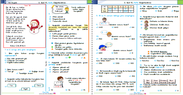 3. Sınıf Haftalık Kazanım Değerlendirme Testi 15. Hafta (22 - 26 Aralık)