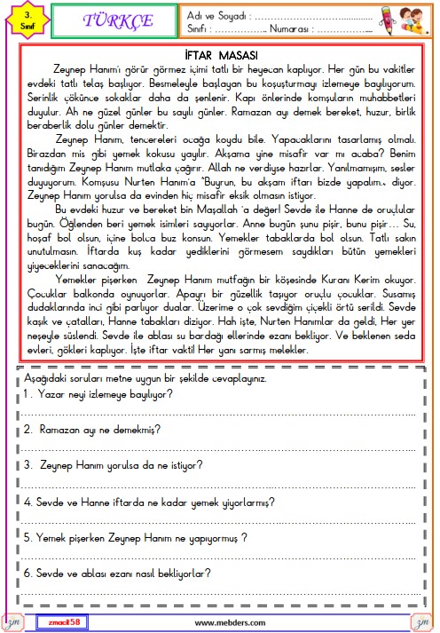 3. Sınıf Türkçe Okuma ve Anlama Etkinliği (İftar Sofrası)