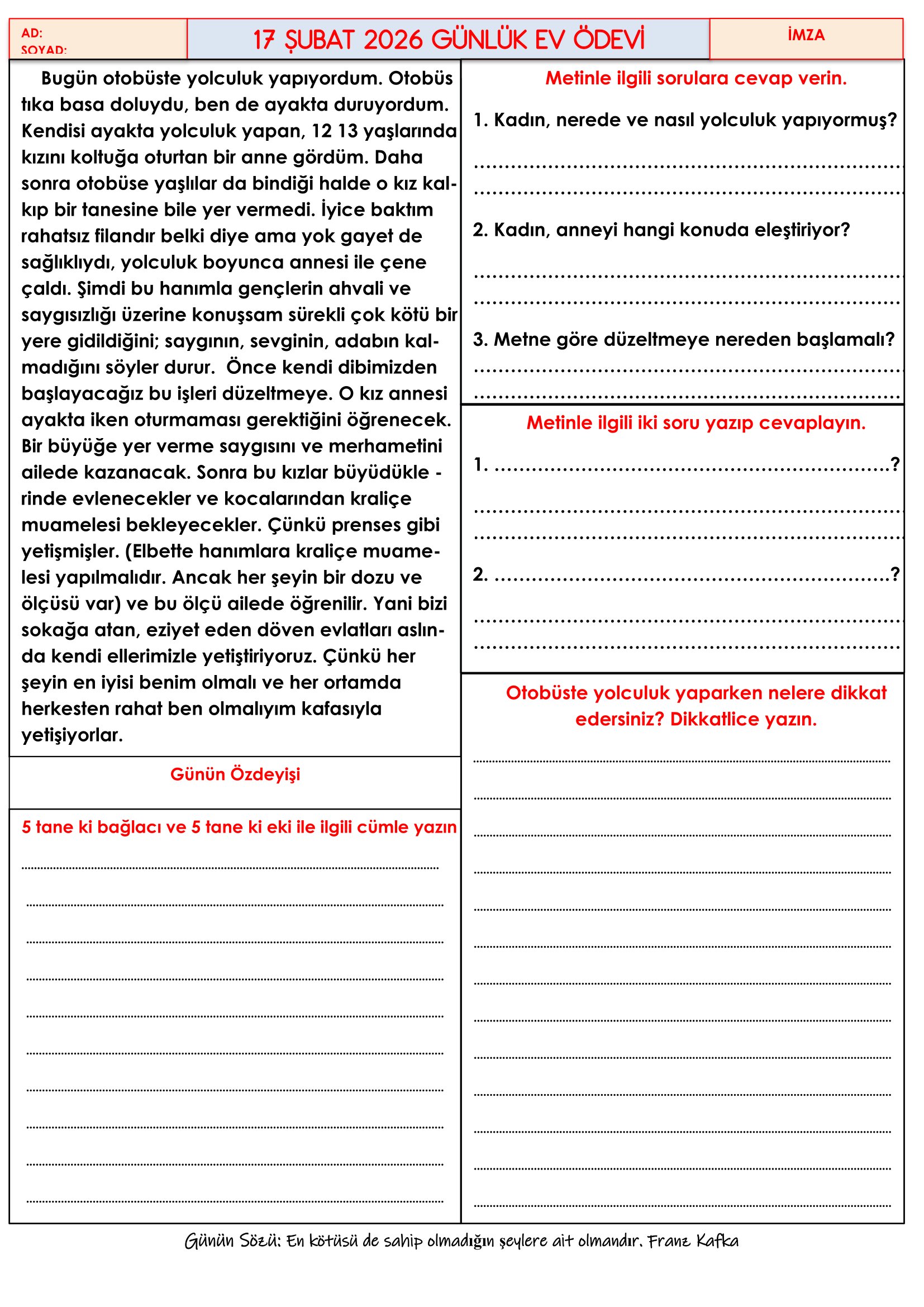 4.Sınıf - 17 Şubat 2026 Günlük Ev Ödevleri