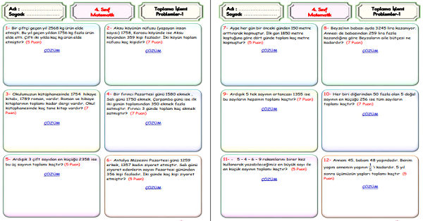 4.Sınıf Matematik Toplama İşlemi Problemleri-1