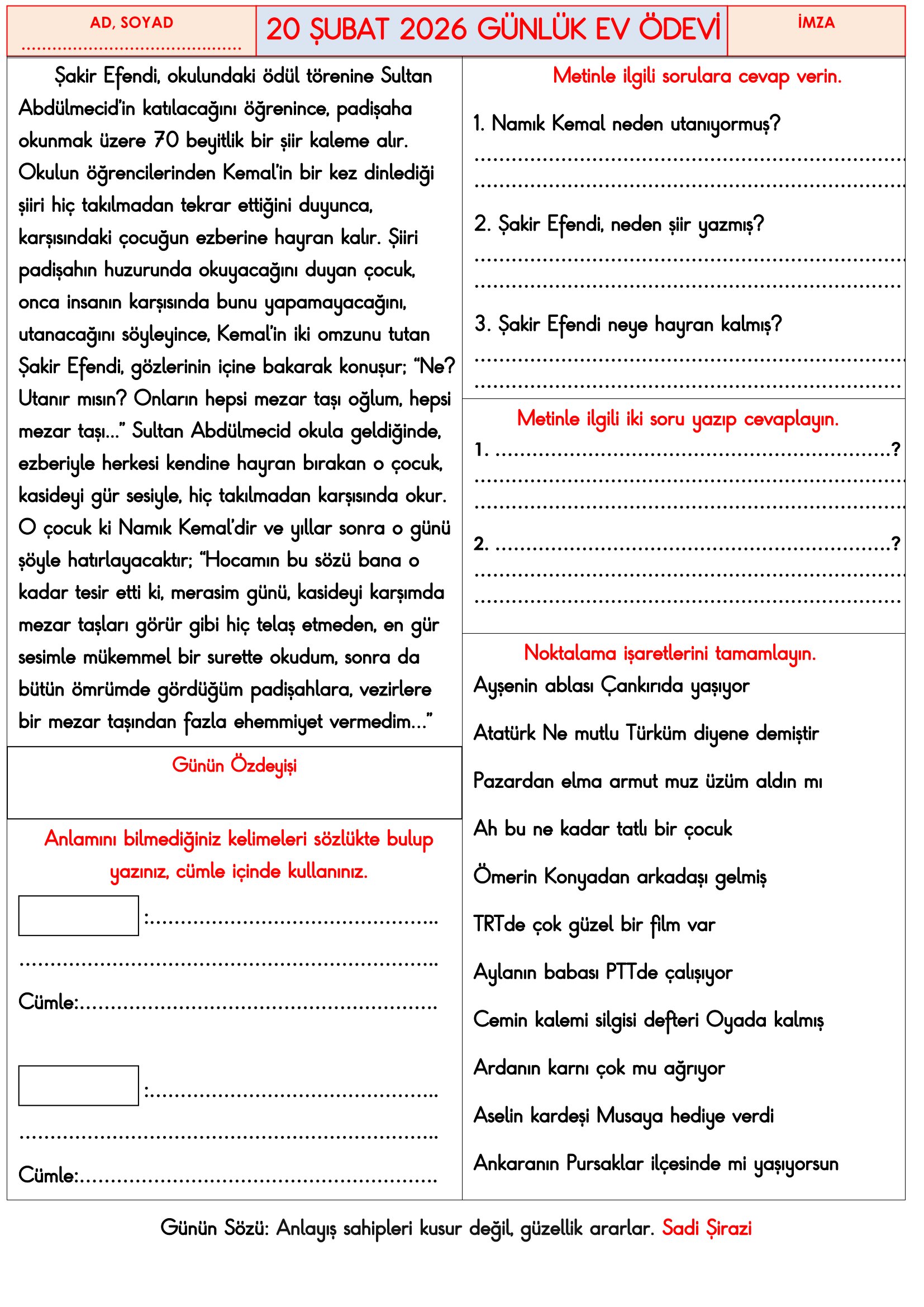 3.Sınıf - 20 Şubat 2026 Günlük Ev Ödevleri