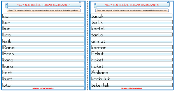 1. Sınıf İlk Okuma Yazma R-r Sesi Kelime Tekrar Çalışması