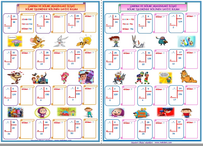 4.Sınıf Matematik Bölme İşleminde Bölünen Sayıyı Bulma  (2 Sayfa)