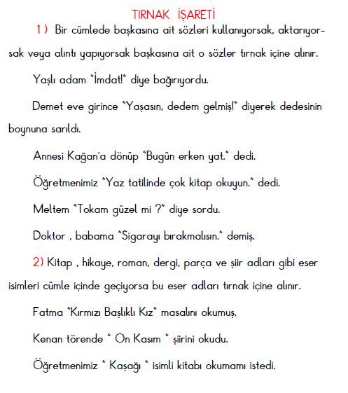 3. Sınıf Türkçe  Tırnak  İşareti  Konu Anlatımı  ve Özeti