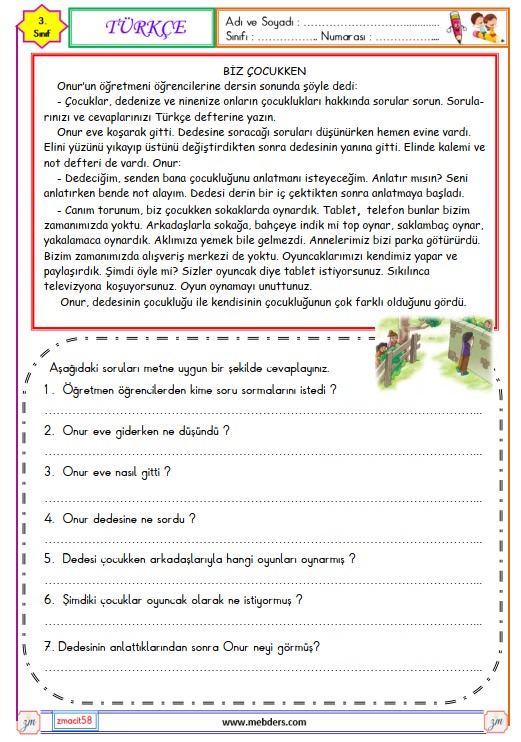 3. Sınıf Türkçe Okuma ve Anlama Metni Etkinliği (Biz Çocukken)