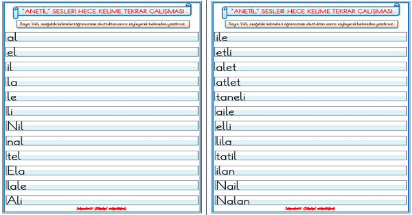 1.Sınıf İlk Okuma Yazma (A-N-E-T-İ-L) Sesleri Hece Kelime Tekrar Çalışması