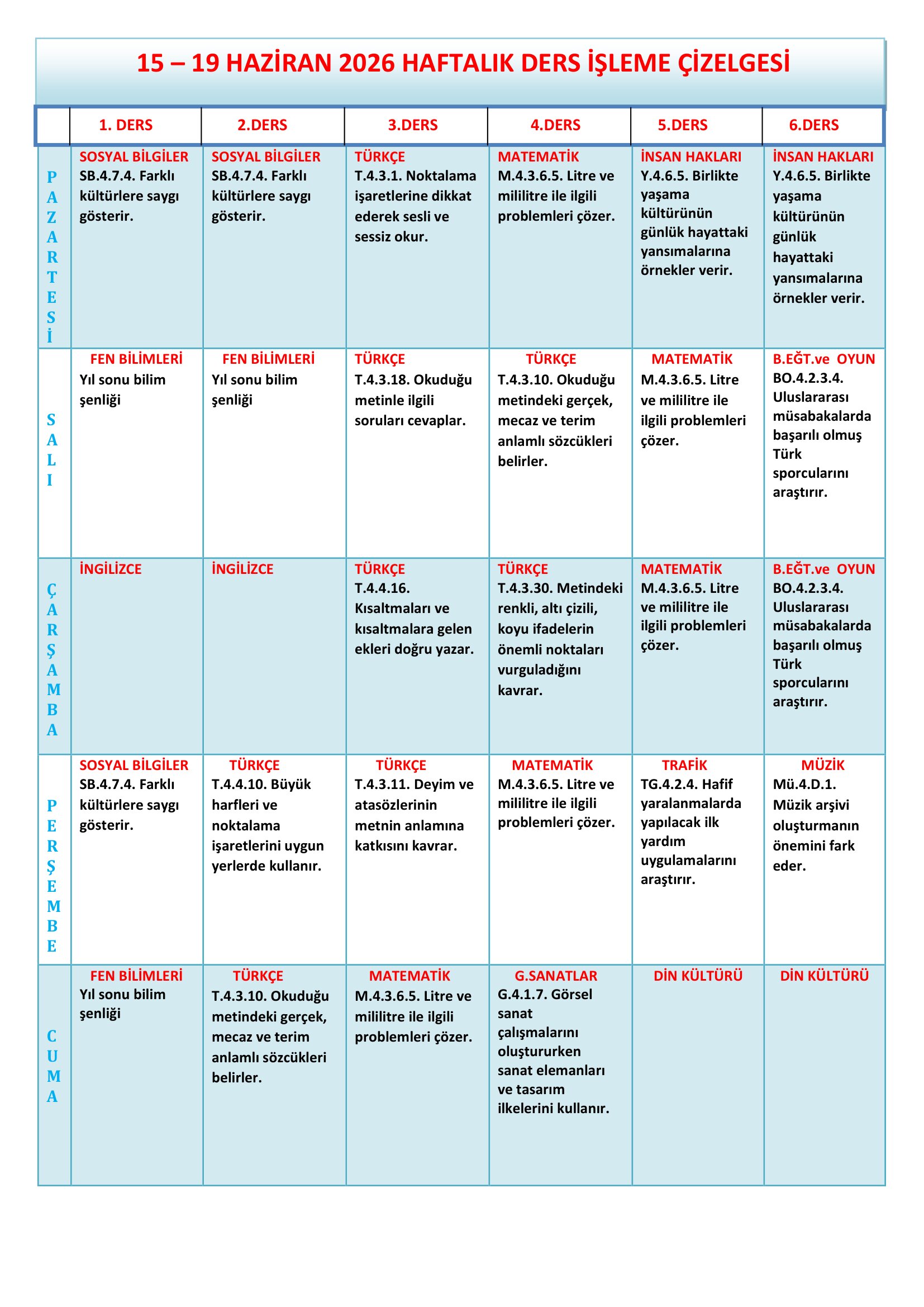 4.Sınıf 15 - 19 Haziran 2026 Haftalık Ders İşleme Çizelgesi.doc