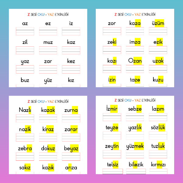 1. Sınıf İlkokuma Yazma - Z Sesi Kelime Oku Yaz Etkinliği