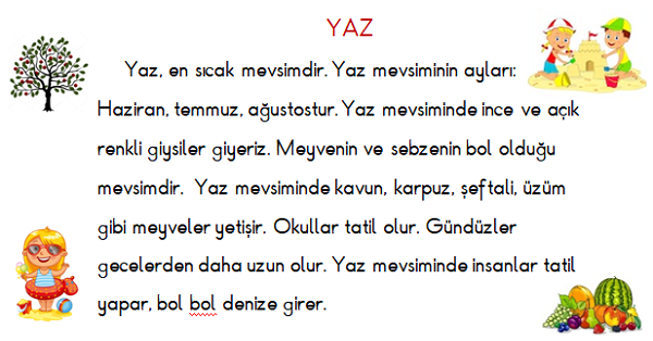 1.Sınıf Türkçe İlkbahar ve Yaz Mevsimi Okuma ve Anlama Etkinliği