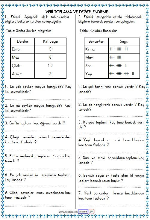 2. Sınıf Matematik Veri Toplama ve Değerlendirme , Tablo Etkinliği 18