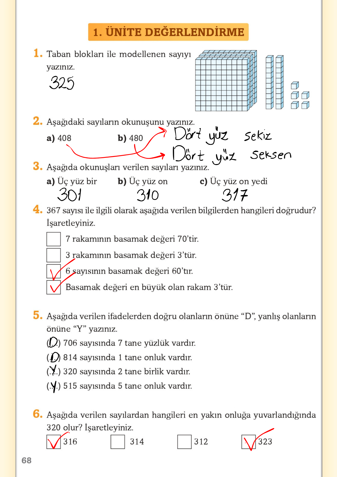 3. Sınıf Matematik 1. Ünite Değerlendirmesi Cevapları