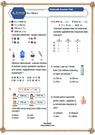 4.Sınıf Matematik Sıvı Ölçme Kazanım Testi 1