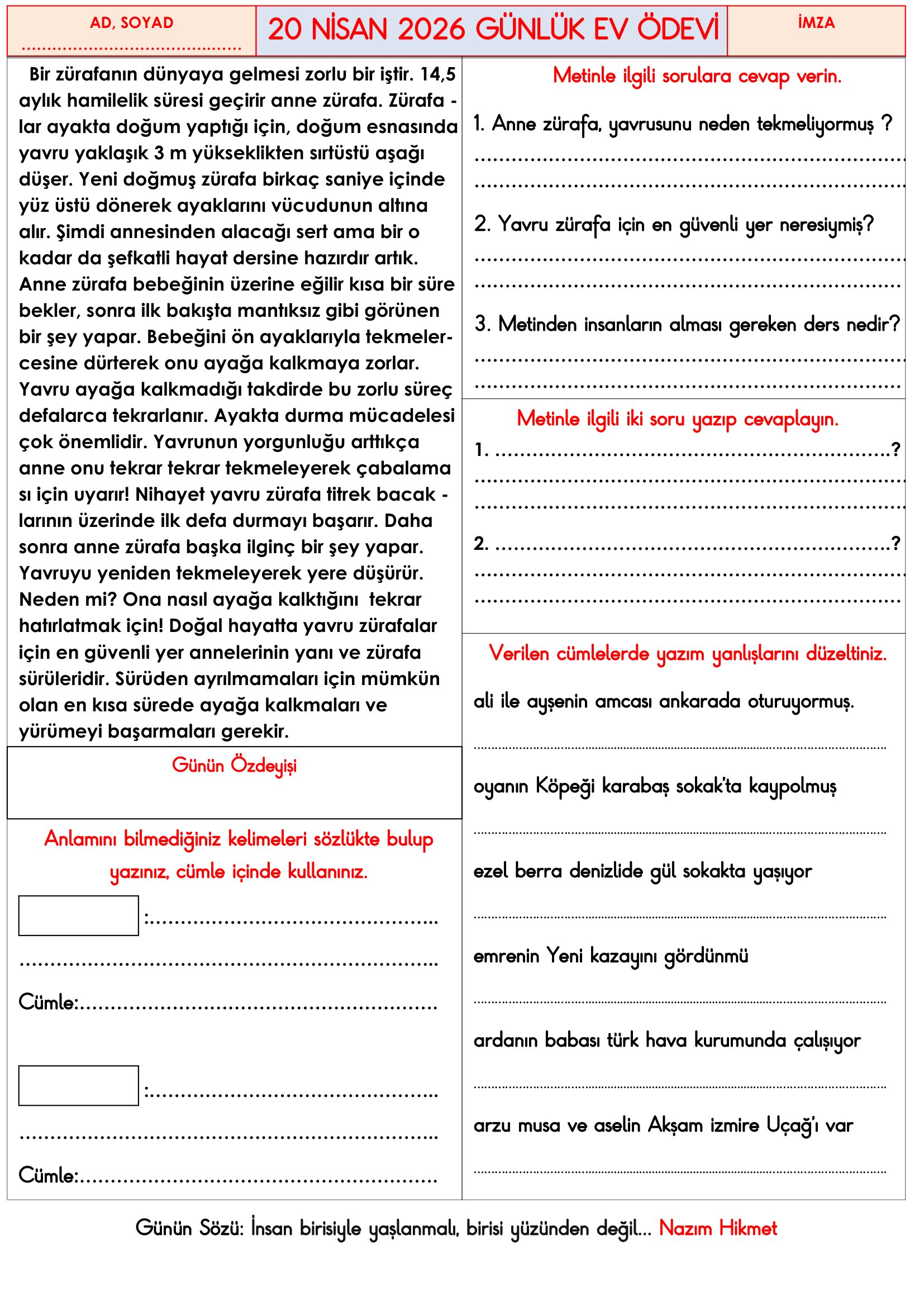 3.Sınıf - 20 Nisan 2026 Günlük Ev Ödevleri