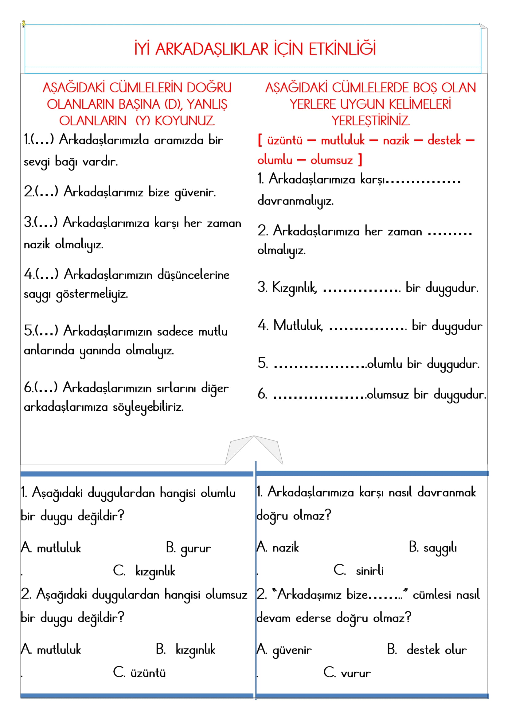 2.Sınıf - Hayat Bilgisi İyi Arkadaşlıklar İçin Etkinliği