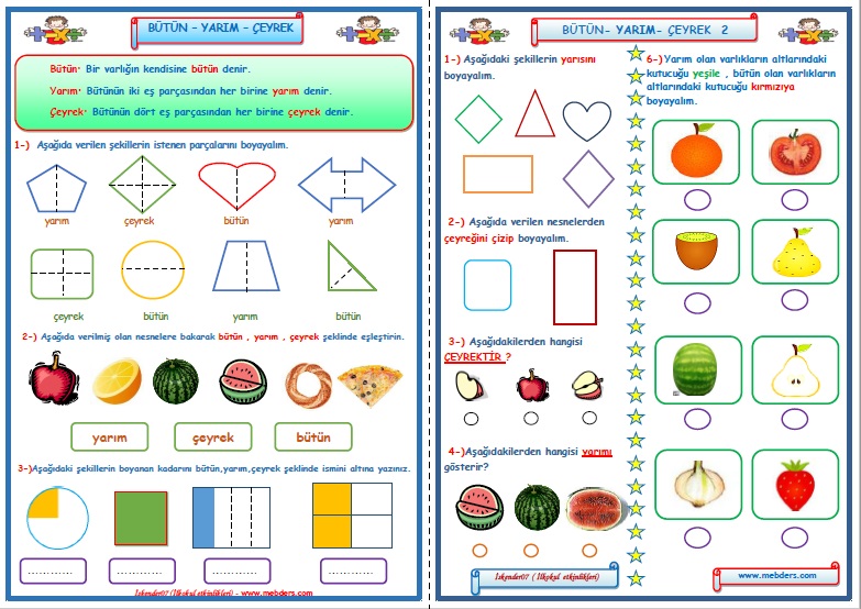 2.Sınıf Matematik Kesirler Bütün-Yarım-Çeyrek Çalışması  1-2  (2 Sayfa)