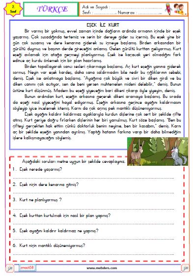 2. Sınıf Türkçe Okuma ve Anlama Metni Etkinliği ( Kurt ile Eşek )